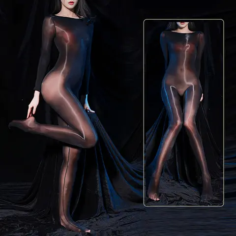Men Women Oily Shiny Utra Thin Bodysuit Transparent Full Bodystocking Party Club Silky Tight Jumpsuit Elastic Open Crotch Romper