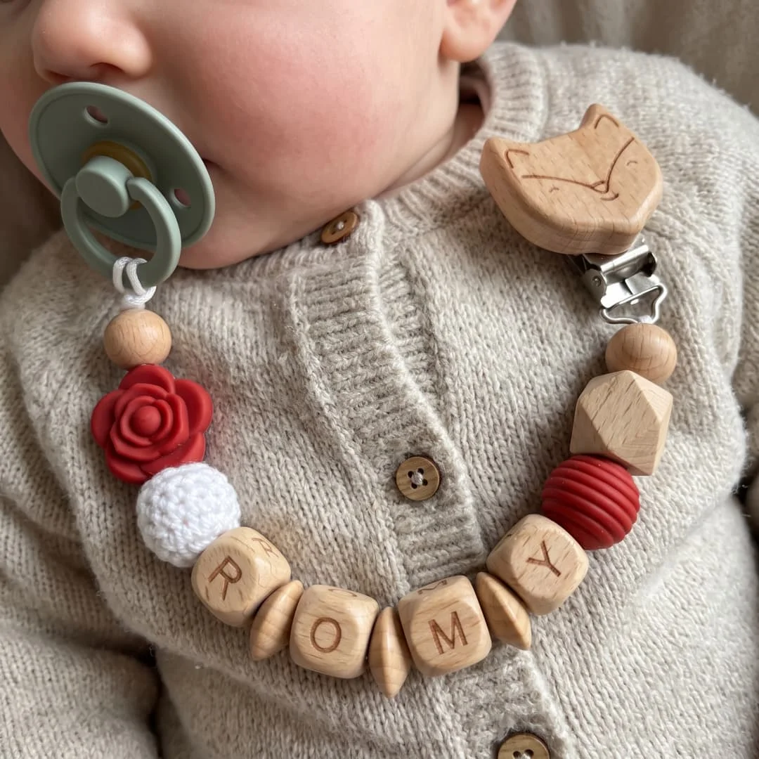 Custom Name Pacifier Clip Wooden Fox Clip Red Flower Silicone Beads Crochet Ball Baby Dummy Chain Soother Holder Gift
