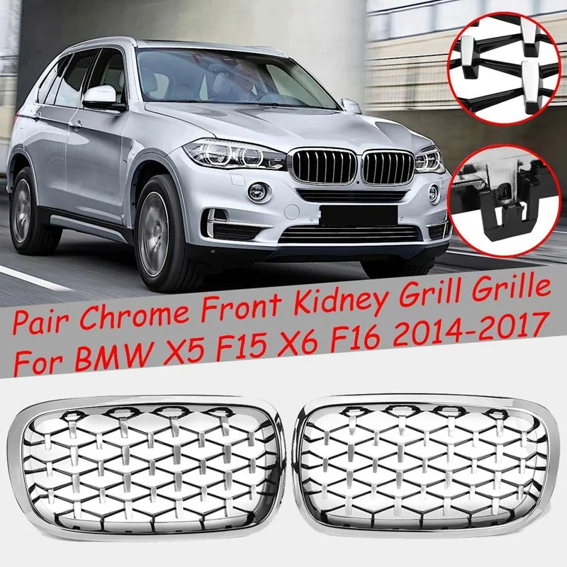 

New-2PCS Front Kidney Diamond Meteor Style Grille Grills For -BMW X5 F15 X6 F16 2014-2017 Racing Grill Chrome