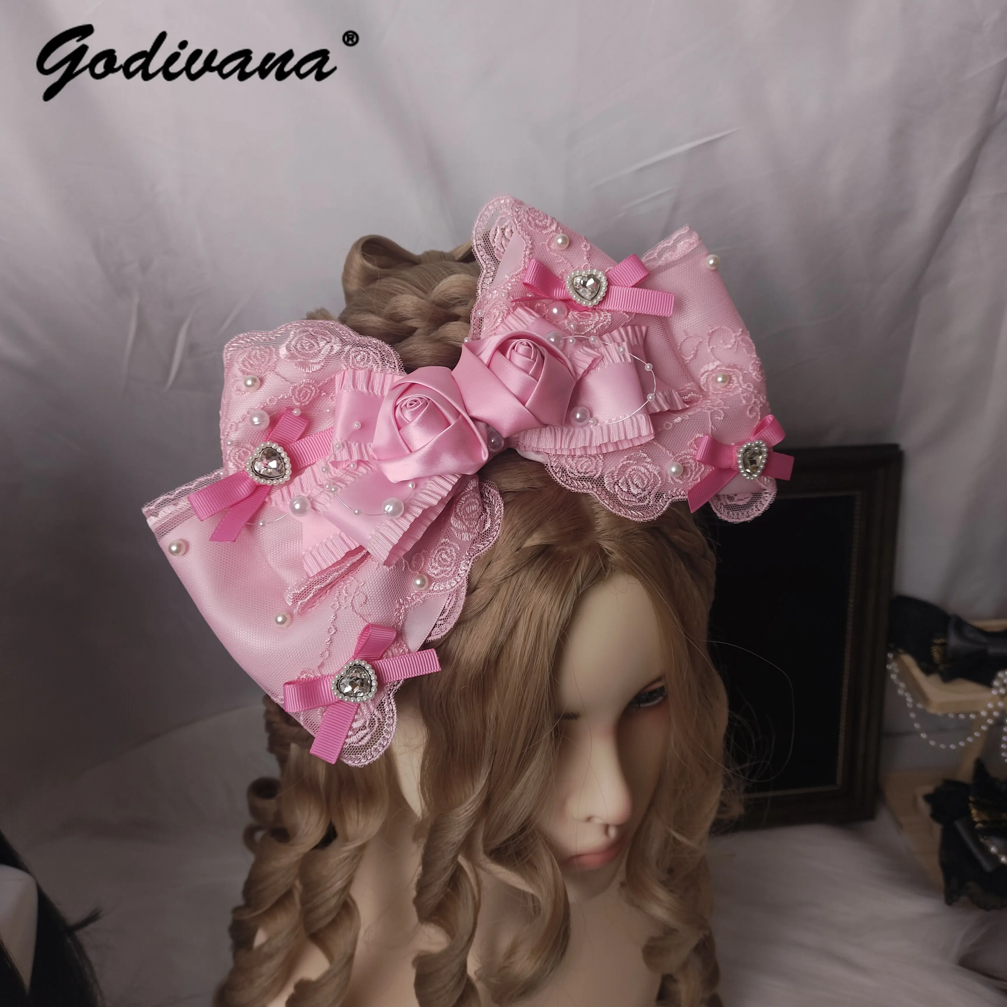 Mars Ji Style Gal Subculture Large Bow Hairband Girl Women's Sweet Pink Kc Multi-layer Gorgeous Pearl Lace Rose Headband Hairpin