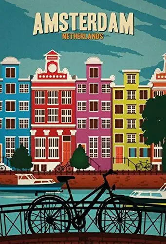 Amsterdam Netherlands Theme Metal Tin Sign 8x12 Inch Home Kitchen Travel Decor Retro Tin Sign