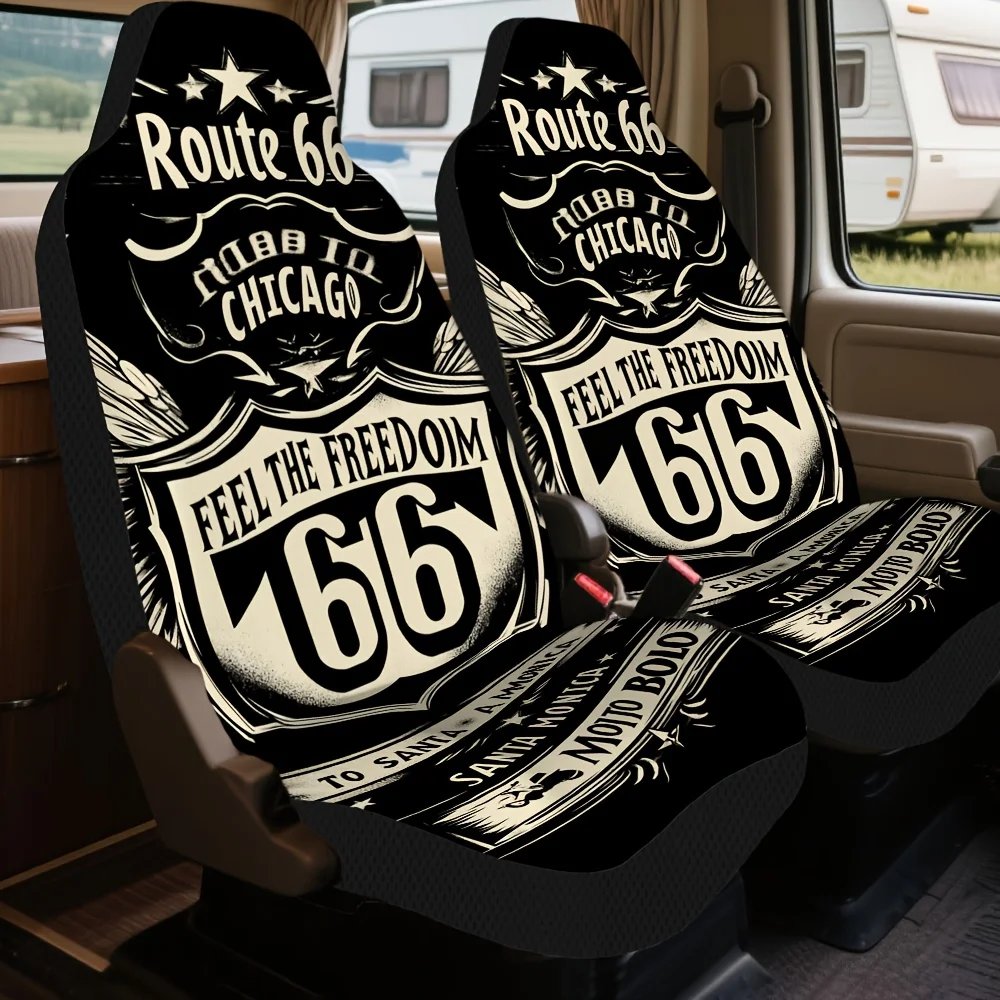 2pcs Route 66 Freedom Banner Car Seat Covers Set - Vintage Americana Design With Route 66 & Lettering, Breathable Fabric, Fit Fo