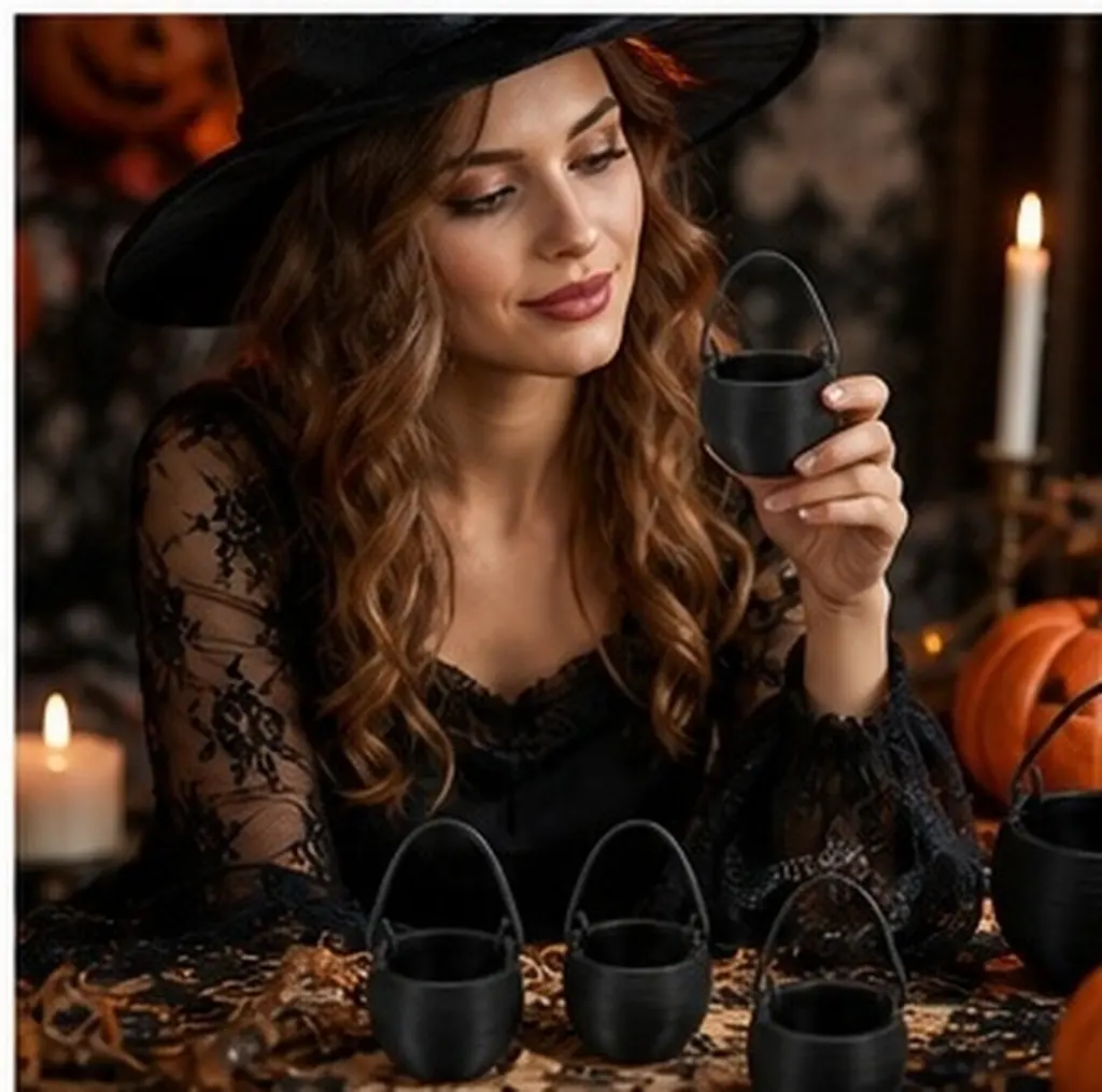 20Pcs Miniature Halloween Cauldron Black Plastic Small Pots Portable Handle Party Decoration Haunted House Setup