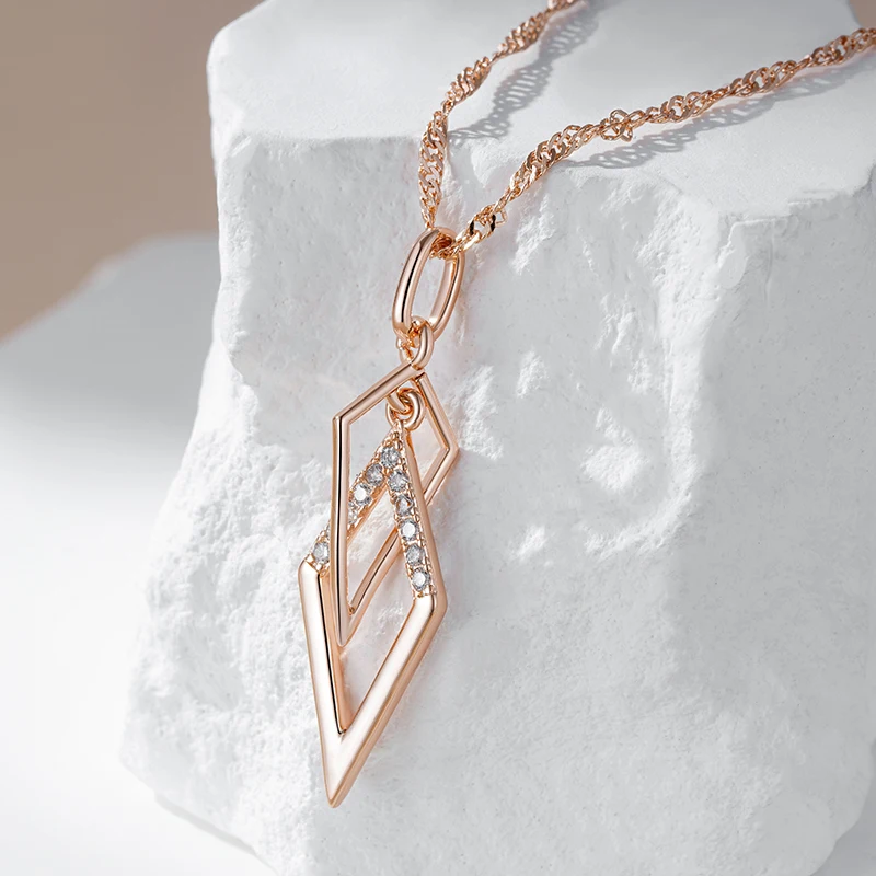 Kinel Fashion Glossy Hollow Rhombus Pendant Necklace for Women Unusual Natural Zircon 585 Rose Gold Color Daily Fine Jewelry