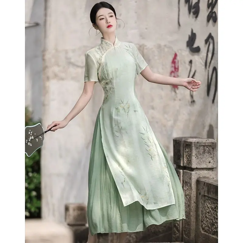 Retro Chinese Style Short Sleeve Qipao Two-piece Set Women New Chinese Style Green Improved Cheongsam Summer Long Dresses