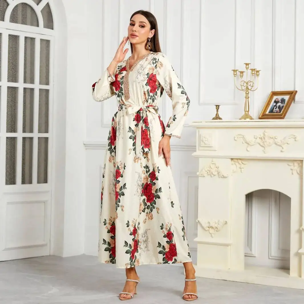

Central Asia Musilinabaya Saudi Dubai Abaya Printed Arabic Dress Ribbon Women's Clothing Ramadan Dubai Luxury Islam Elegant