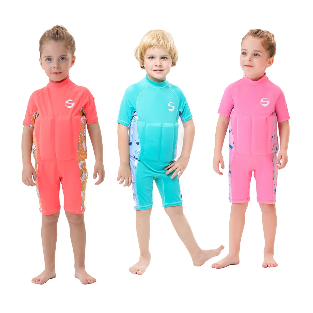 Children's Buoyancy Swimsuit Short Sleeves Warm Sunscreen Quick Dryig One Piece Swimwear Kids Diving Surfing Swimming Beach Wear