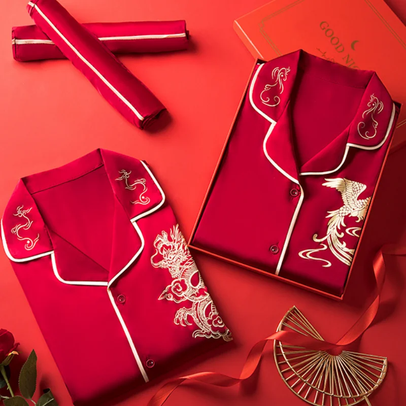 

Embroidery Dragon Phoenix Couple Pajamas Set Wedding Bride Bridegroom Sleepwear Homewear Loose Ice Silk Trouser Suits Loungewear