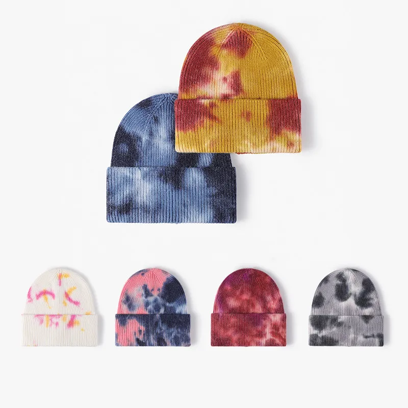 High Quality Fashion Women Men Autumn Winter Warm Beanie Hat Tie Dye Lady Male Knitted Wool Beanies Hat Cap For Women Men