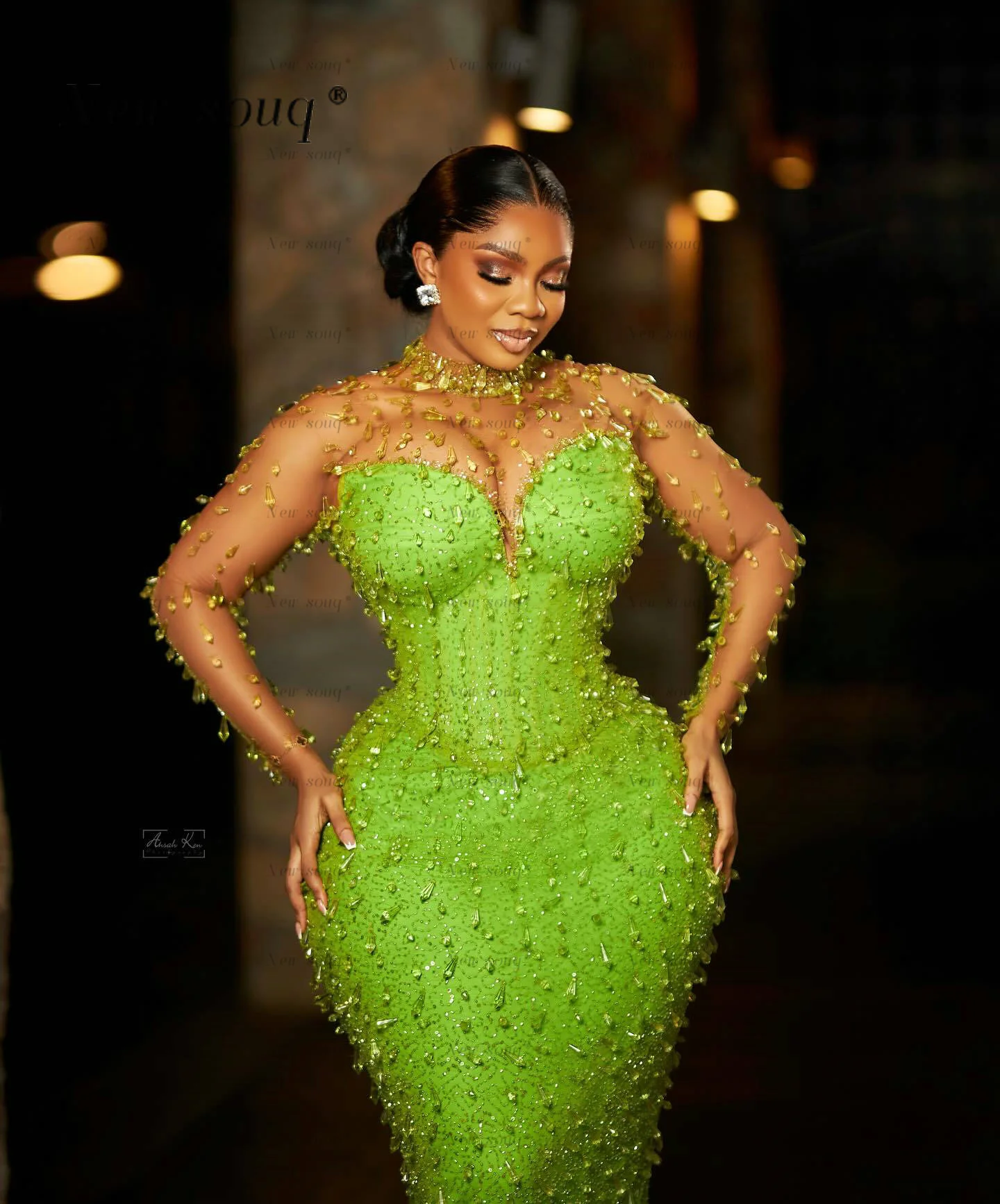 Gorgeous Green Full Crystals Long Sleeves Evening Dresses African Plus Size Sequins Women's Wedding Party Gowns Customized