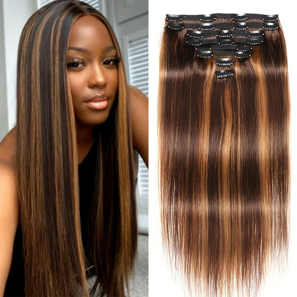 P4/27 Highlight Straight Hair Piece Human Hair Clip In Hair Extensions 8Pcs For Women 20Clips 120g Brazilian Clip Ins 10-26 Inch