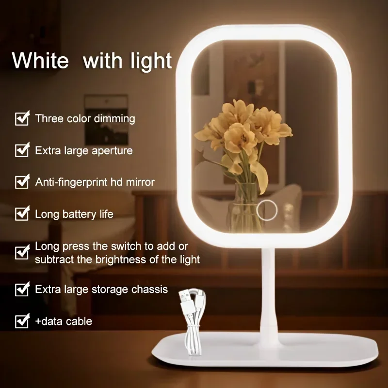 Desktop Vanity Mirror 3 Color Light LED Makeup Mirror Touching Mirror Women Bedroom Dressing Mirror