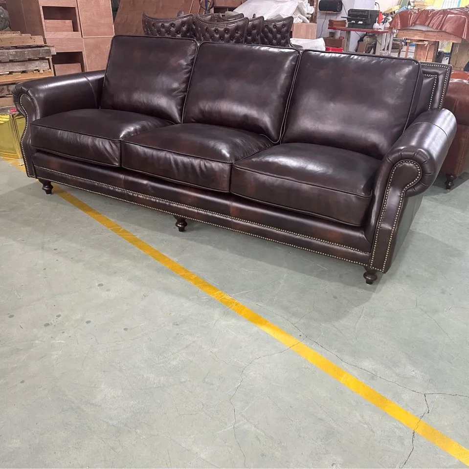 Living room leather sofa studio villa straight row cowhide furniture