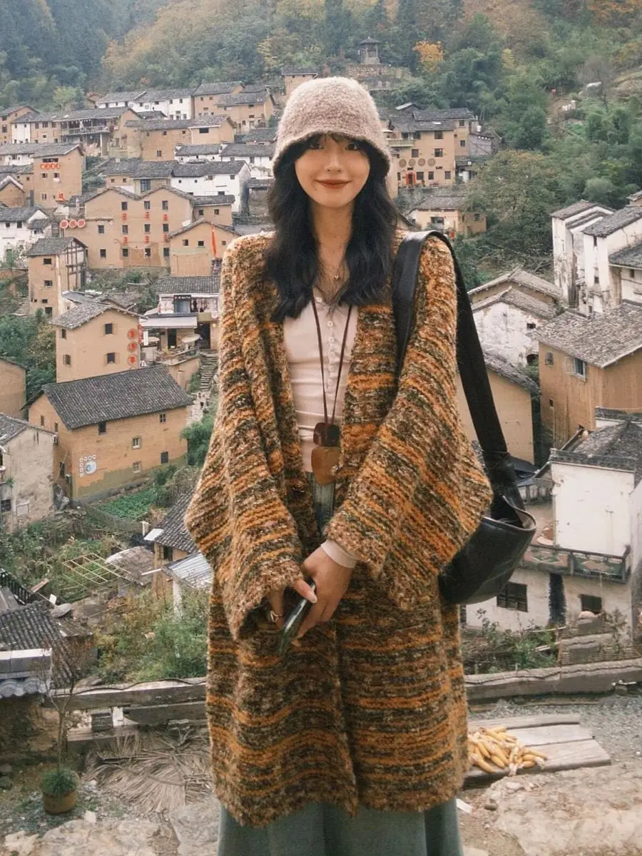 

Модный свитер средней длины в стиле ретро для женщин, осенне-зимний новый стиль, элитный свободный вязаный кардиган