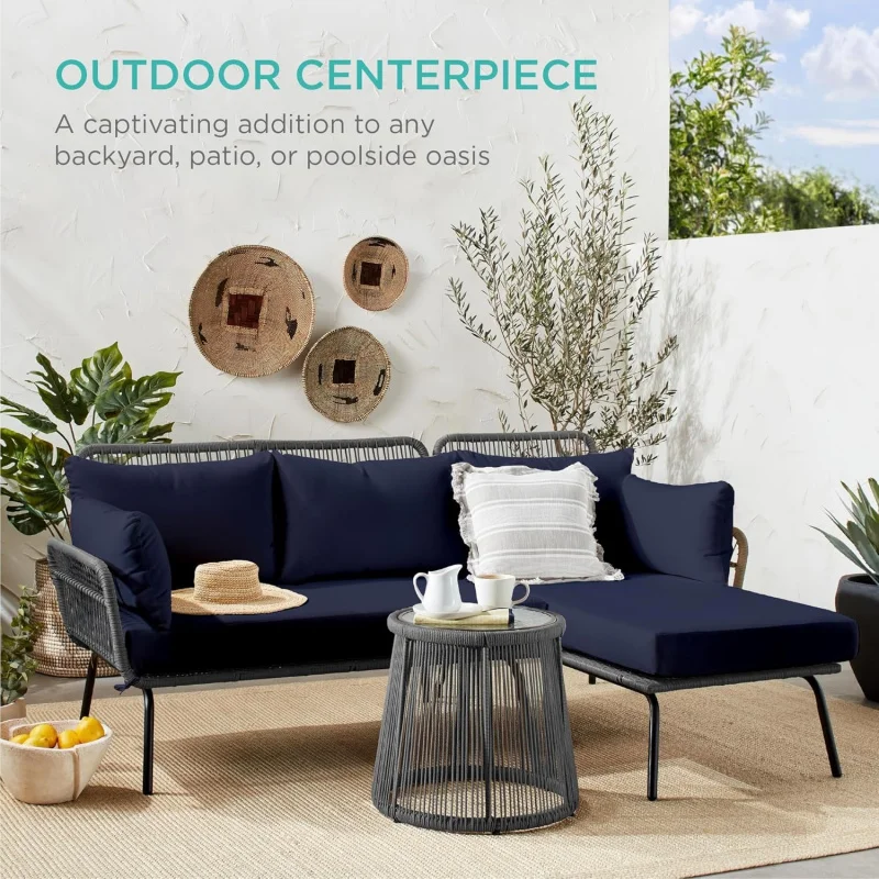 

Gray/Navy L-Shaped Rope Woven Patio Set, Sectional Conversation Sofa/ Thick Cushions, Detachable Lounger & Side Table
