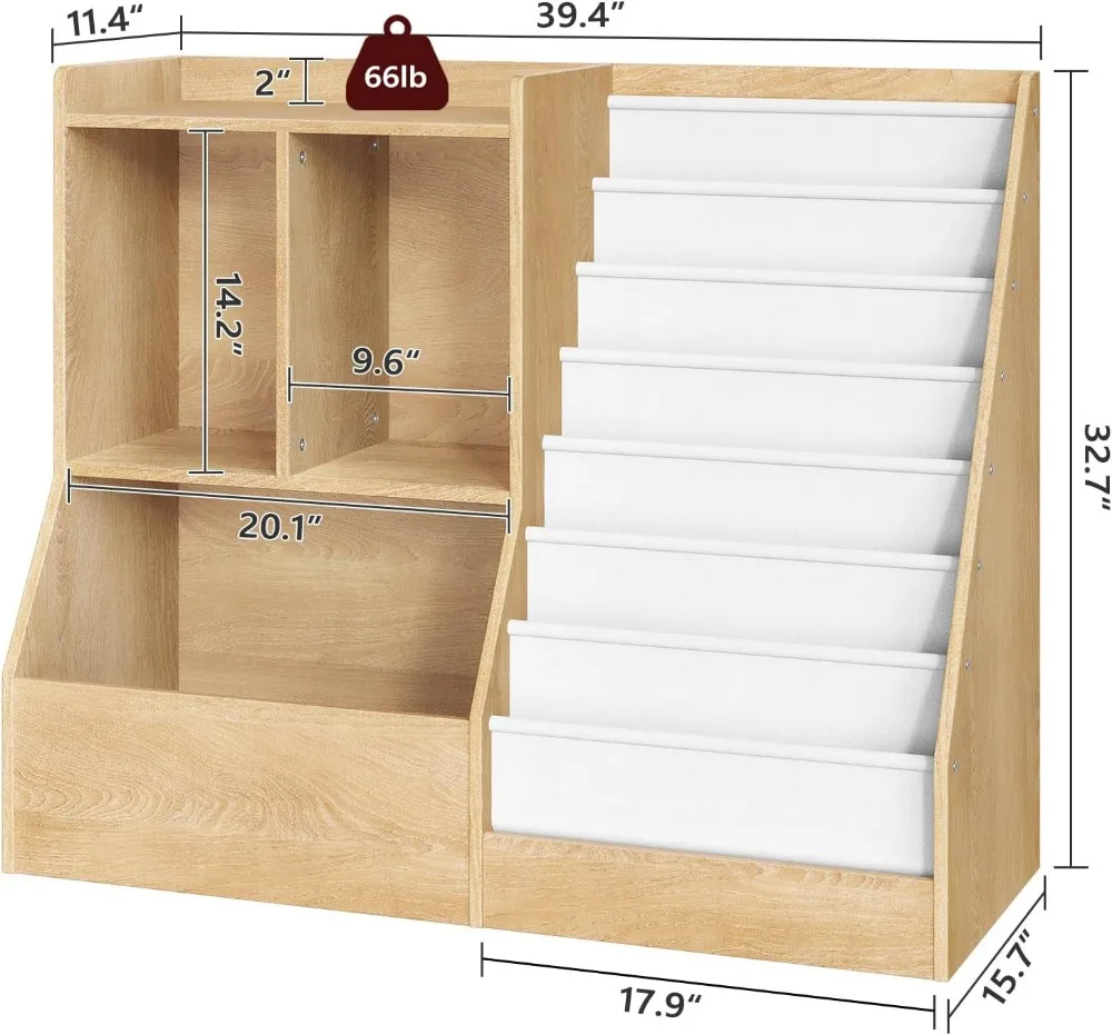 39.4" Kids Bookshelf with 7 Fabric Slings, Toy Storage Organizer for Playroom and Bedroom