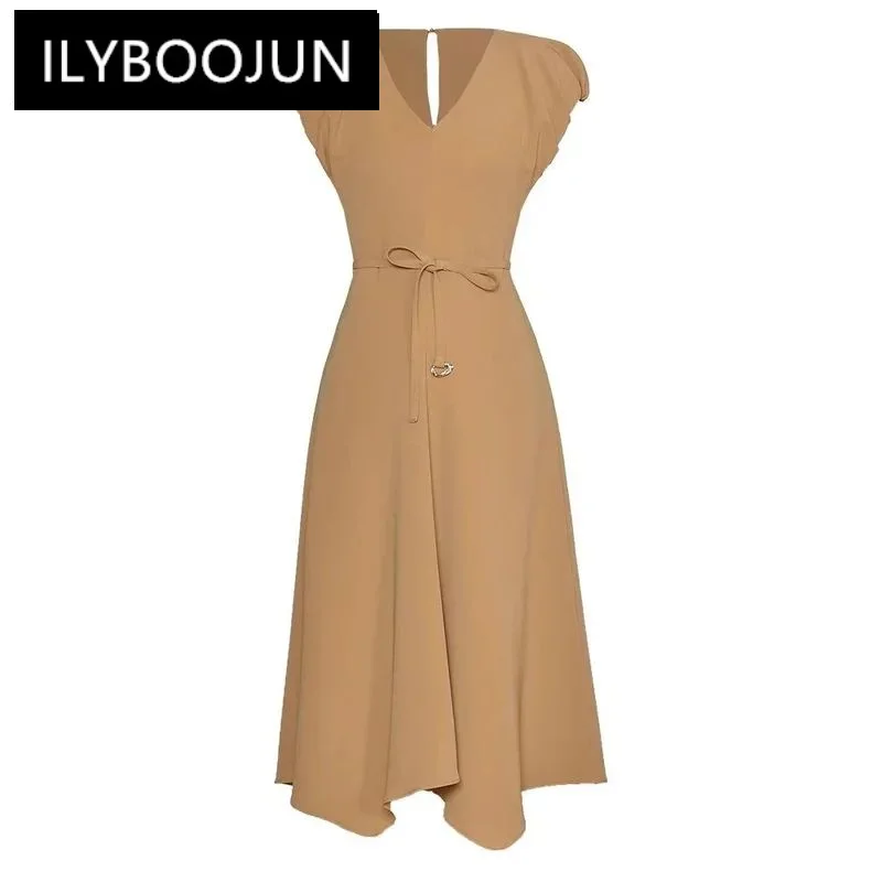 

ILYBOOJUN Fashion Designer SummerAsymmetrical Dress Women's O-Neck Short Sleeve Lace-up Solid Color Office Lady Dresses