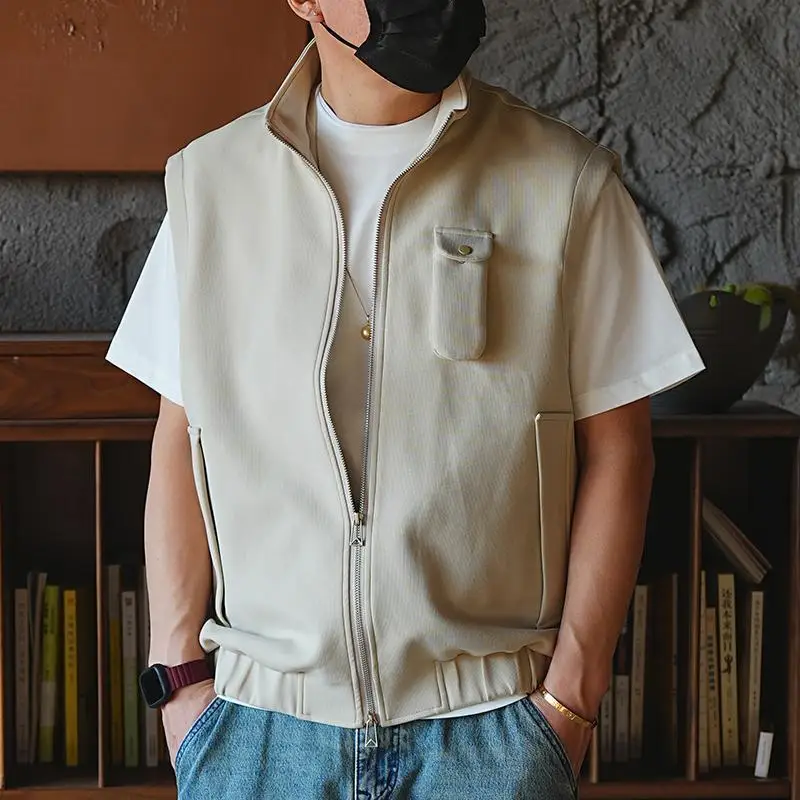

Oversized Men's Vest Double zipper Stand Collar Sleeveless Tank Tops Coat American INS Trendy High Street Loose Casual Waistcoat