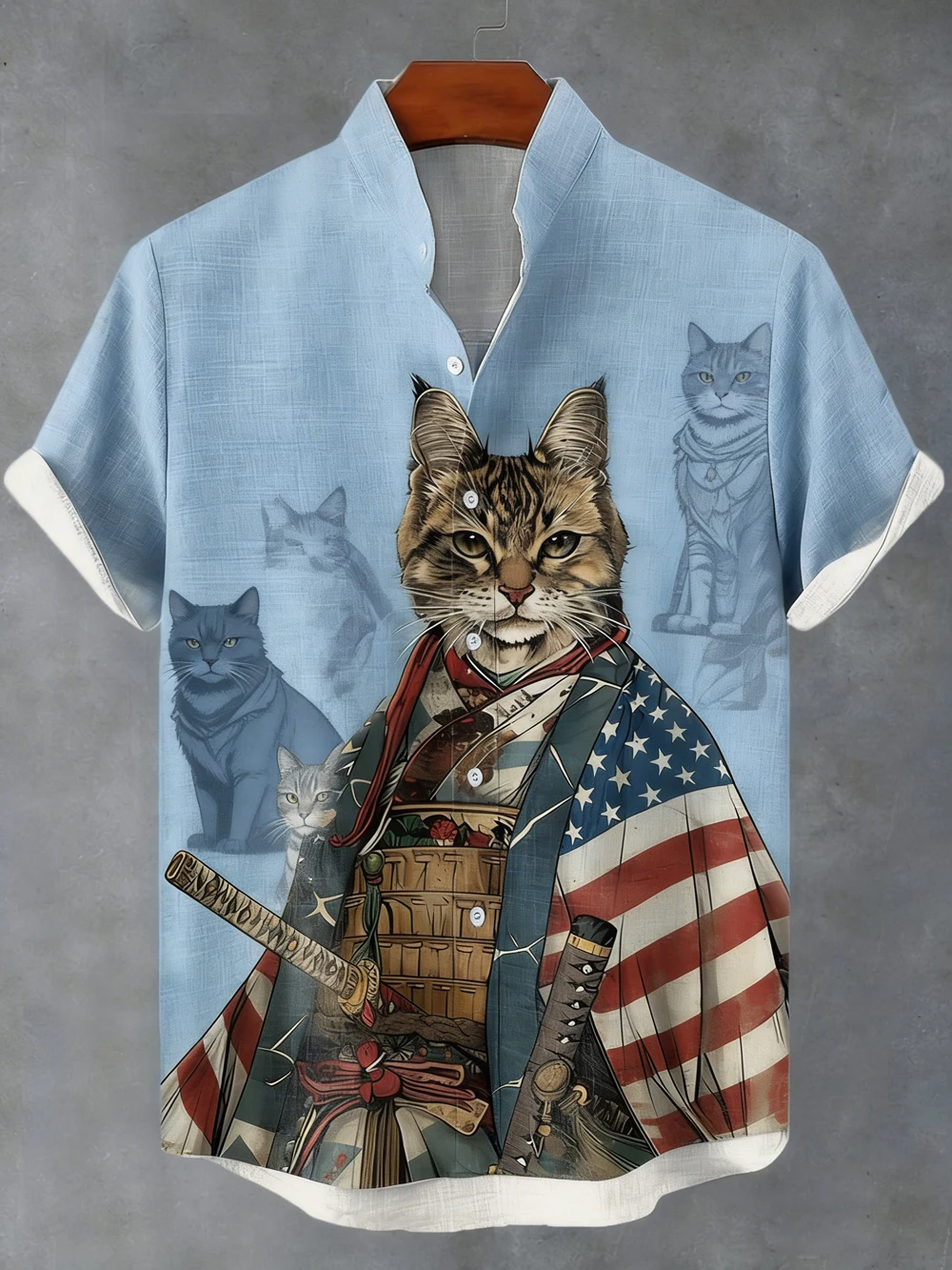 Men's spring summer new linen short-sleeved shirt Cat Warrior HD 3D printed shirt Hawaiian beach vacation social men's clothing