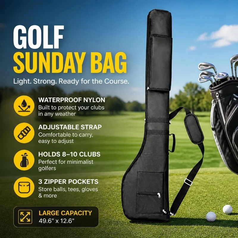 Golf Sunday Bag Waterproof Nylon Foldable Carry Bag with Adjustable Strap, Holds 8-10 Clubs, 3 Pockets, Travel Case 49.6x12.6