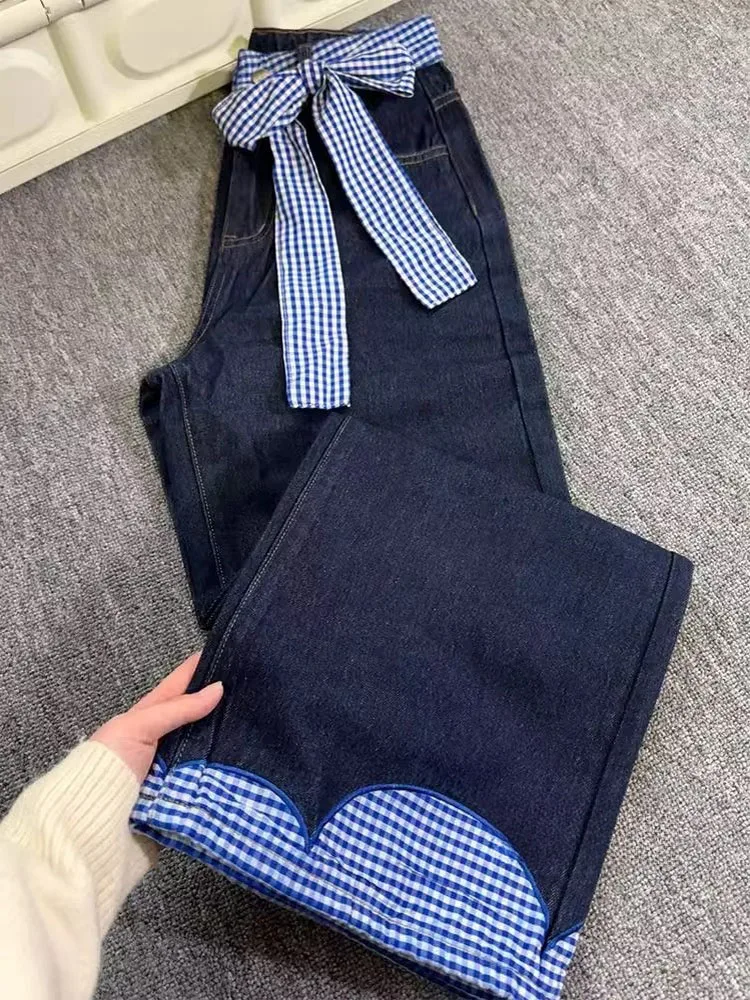 

High Waist Wide Leg Denim Pants Women's Autumn New Sle Loose Floor-Length Knot Plaid Casual Vintage Jeans