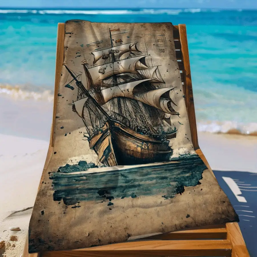 1 Piece Nautical Sailboat Design Beach Towel - Soft, Quick-Drying Microfiber, Sand Resistant, Classic Maritime Design with Sailb
