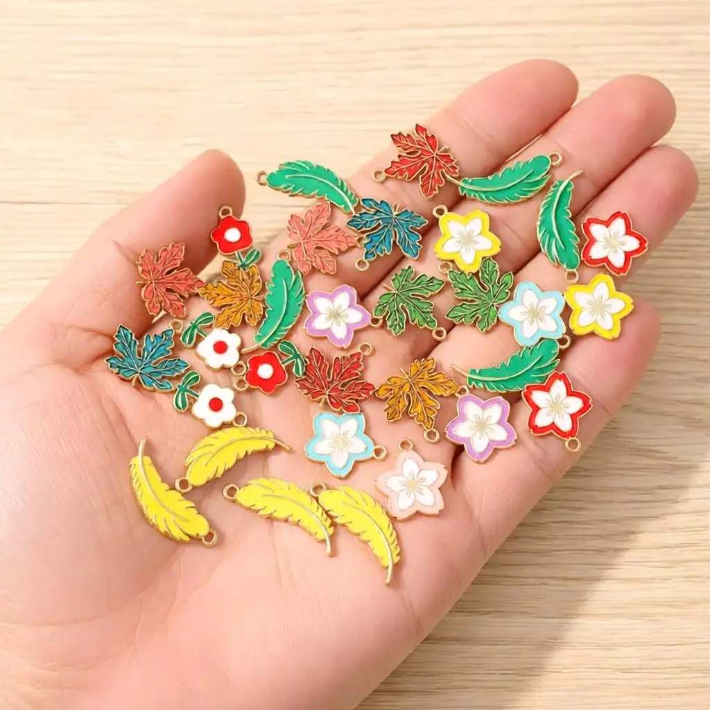 10pcs Cute Mix Colorful Enamel Plant Tree Leaf Flower Charms Pendants for Making Necklaces Earrings DIY Crafts Jewelry Findings