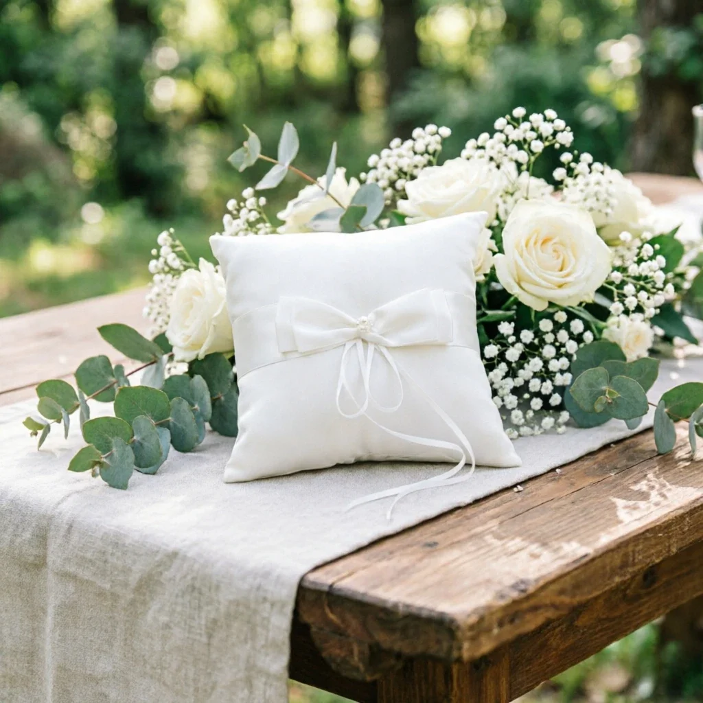 Exquisite Pearl Beaded Ring Pillow Double Bowknot Bridal Ring Cushion Mini Wedding Ceremony Ring Holder Jewelry Display Props