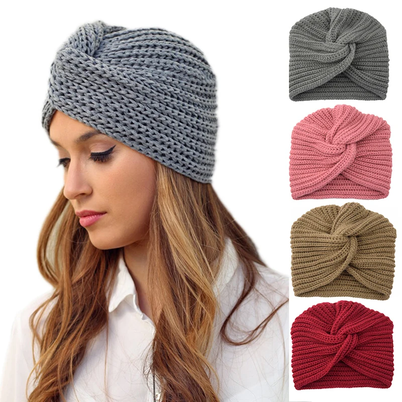 Cross Knitted Beanies for Women Muslim Indian Woolen Hats Imitation Cashmere Elastic Turban Hat Bonnet Winter Warm Pullover Cap