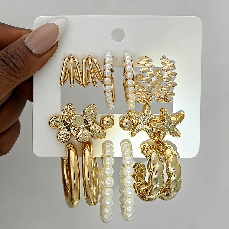 18-teiliges vergoldetes Ohrring-Set: Schmetterling, Seestern, Perlen-Creolen für Damen – Vintage, verdrehte, texturierte offene Manschetten-Ohrringe, trendiger Schmuck