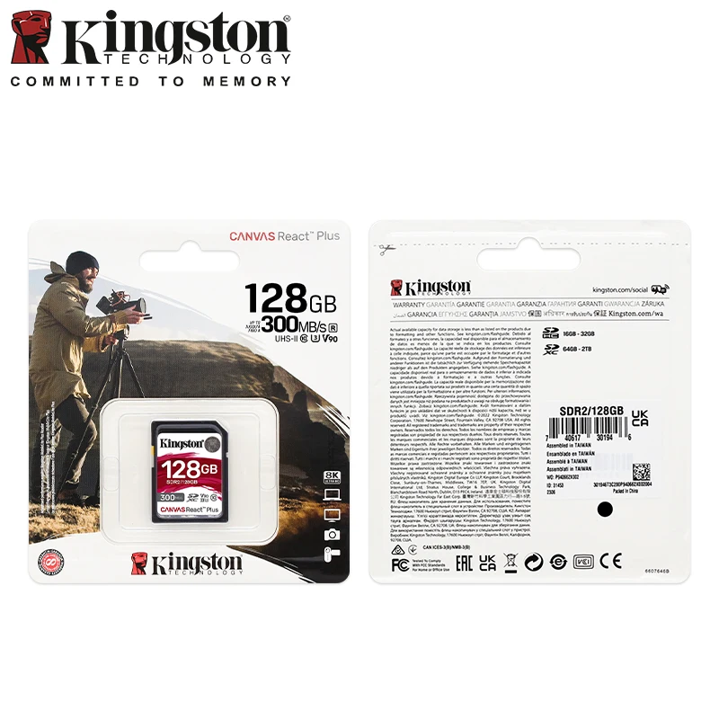 بطاقة ذاكرة Kingston Canvas React Plus SD لكاميرات سينما UHS-II الاحترافية 8K/3D/VR 32 جيجابايت 64 جيجابايت 128 جيجابايت 256 جيجابايت V90 بطاقات SD