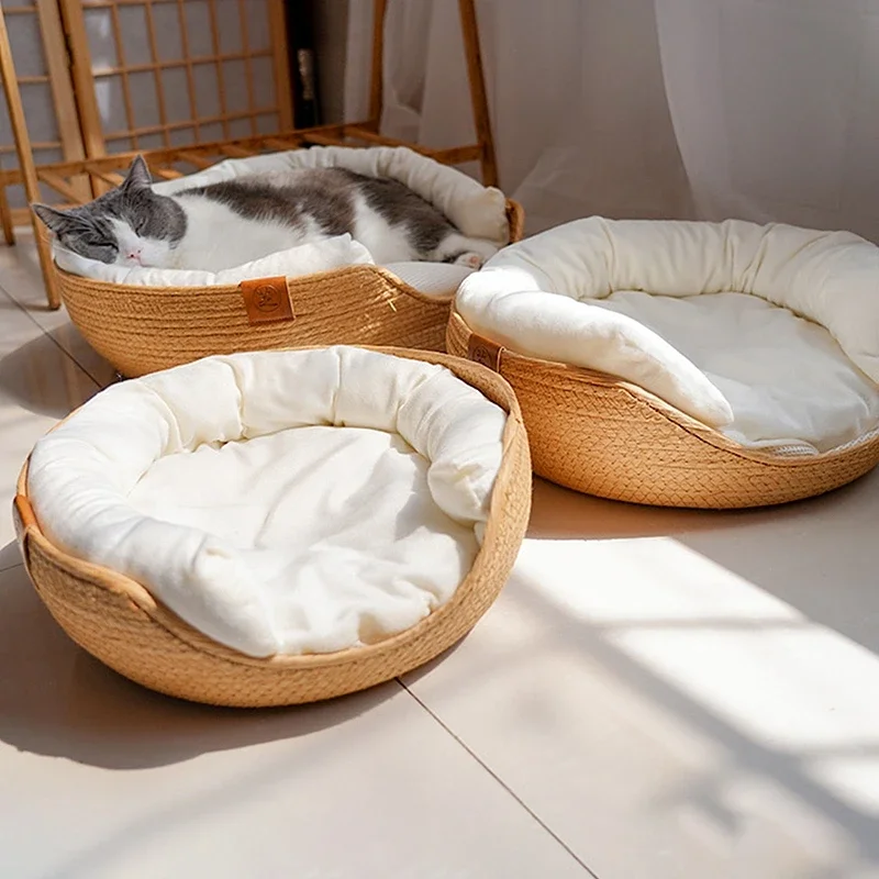 Dogs Cat Warm Round Sleeping Basket Sweet Cat Bed Cozy Kitten Lounger Cushion Detachable 2 en 1 Cats Beds Washable Pet Cave Aseo