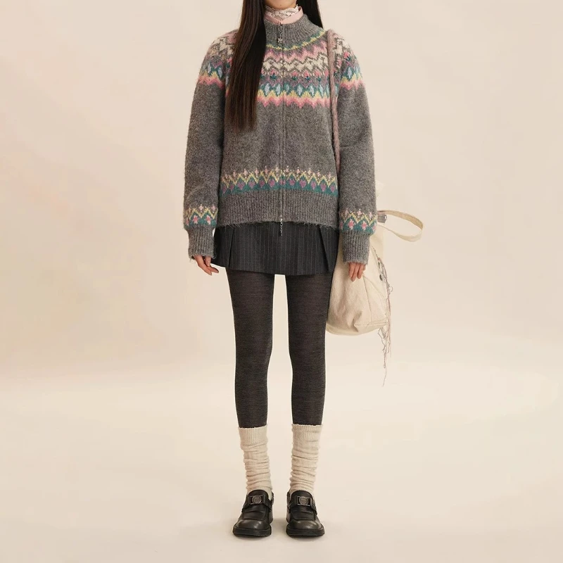

Vintage College Style Fair Island Handmade Flower Knitted Cardigan Women's Soft Waxy Lazy Wind Sweater Jacket Comfortable