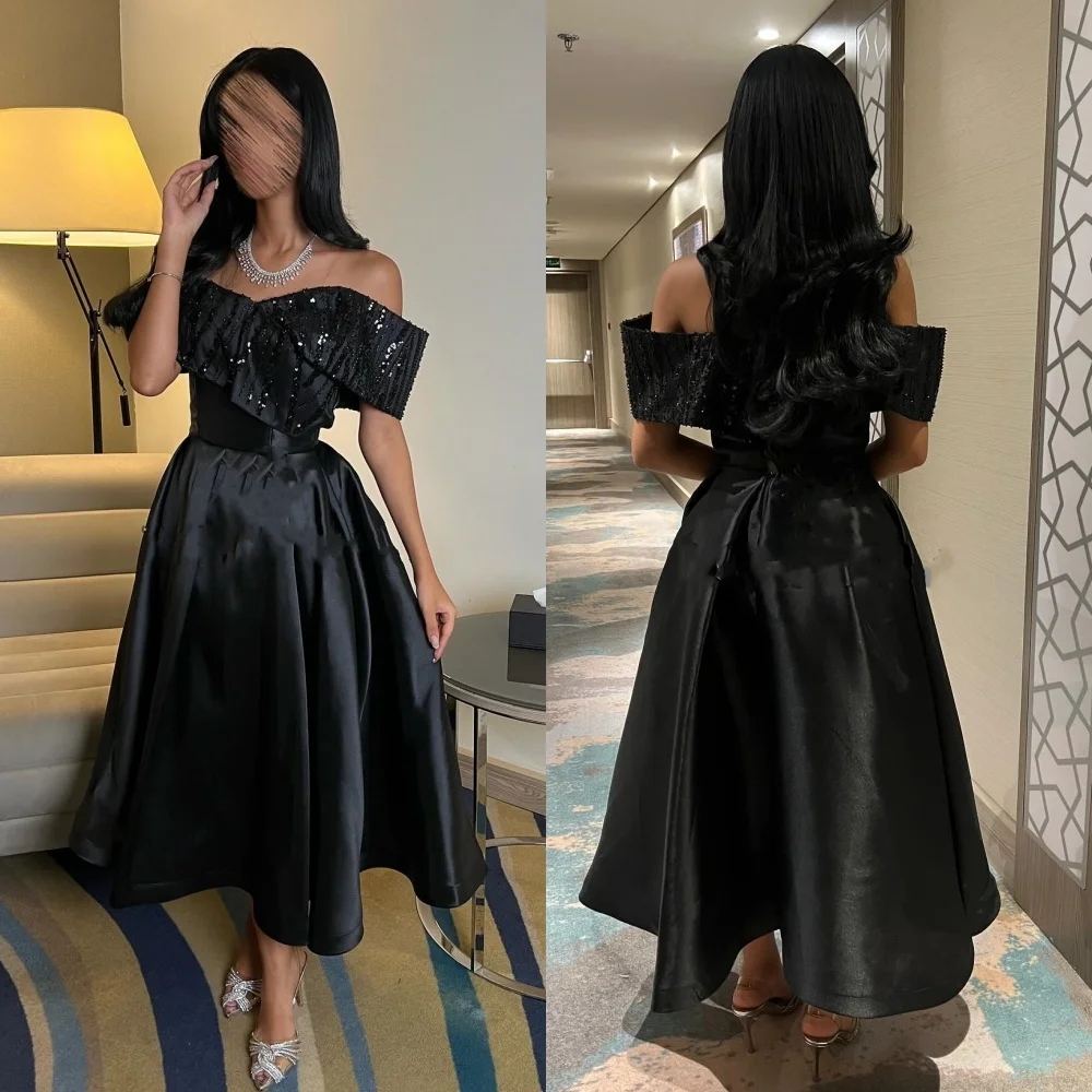 

Customized Fashion Exquisite Pleat Beading Sequined A-line Off-the-shoulder Midi Dresses Bespoke Occasion Dresses Modern Style