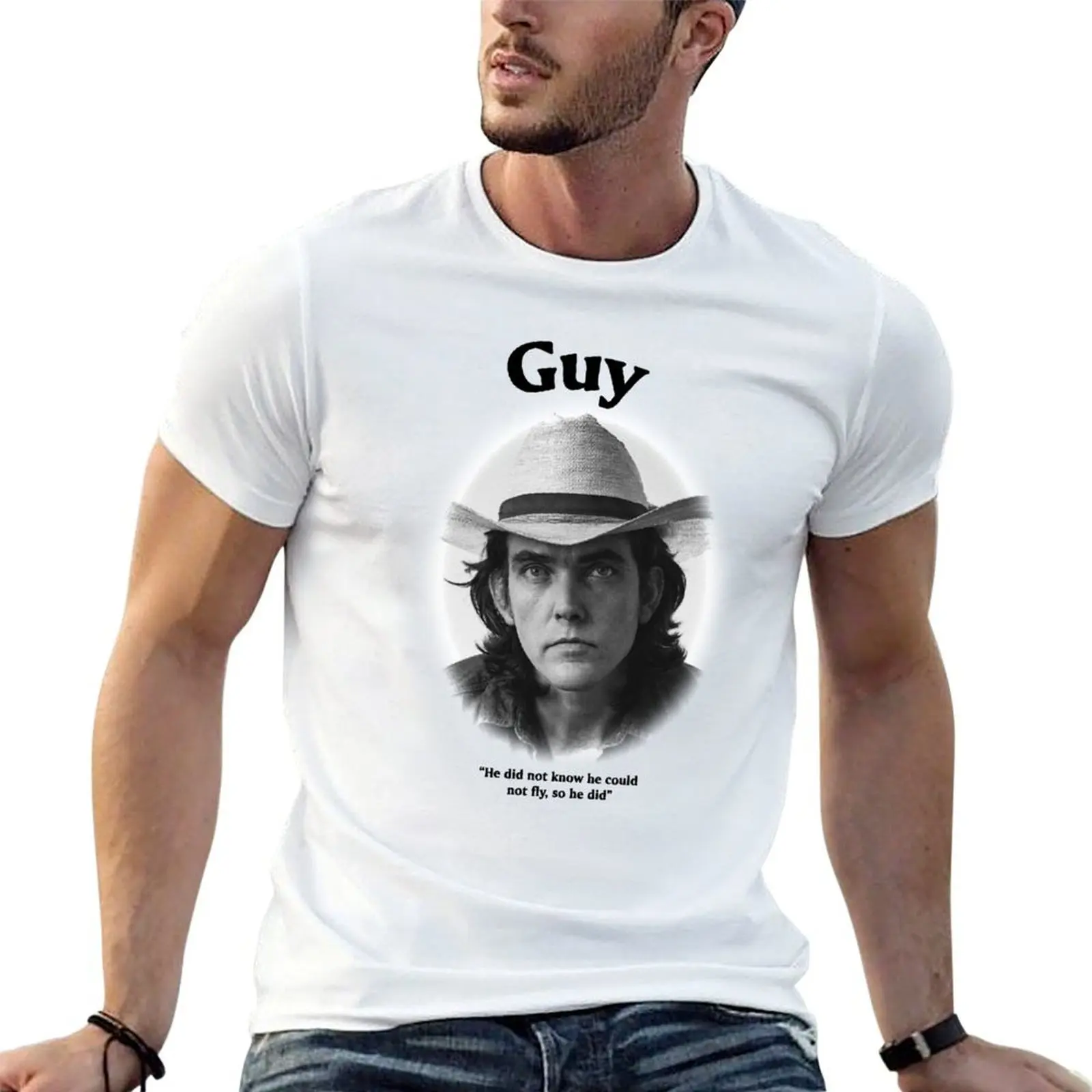 Guy Clark... T-shirt « He Did Not Know He Could Not Fly » basique, couleur unie, manches courtes, en coton