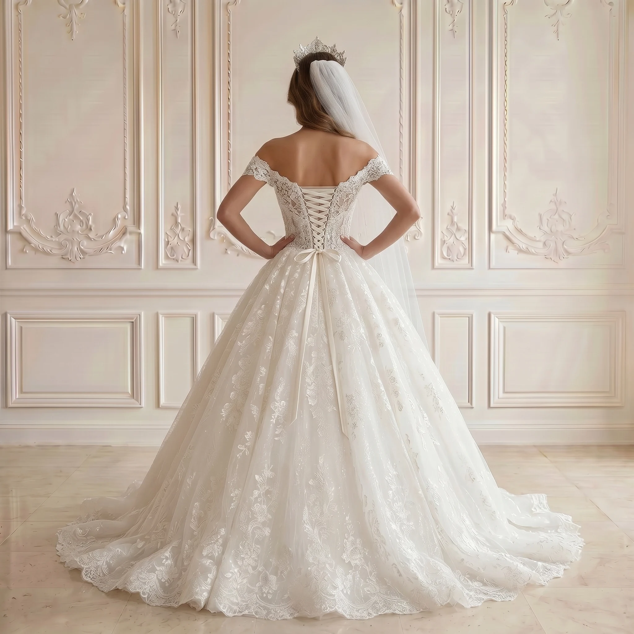 Illusion Neck Long Sleeve Ball Gown Wedding Dress Full Vintage Lace Corset Back Scalloped Chapel Train Bridal Gown