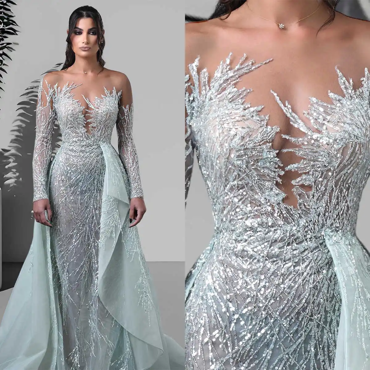 Fashion Evening Dresses For Women Sheer Neck Long Sleeves Gowns Sequins Detachable Train Dress For Prom Party Custom Made