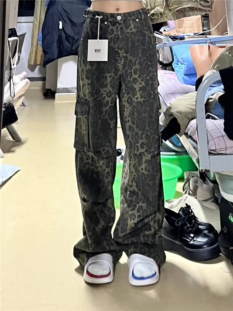 

Женские джинсы с высокой талией и широкими штанинами, с леопардовым принтом, весна-осень, утягивающие, в американском ретро-стиле, для уличной моды и хип-хопа