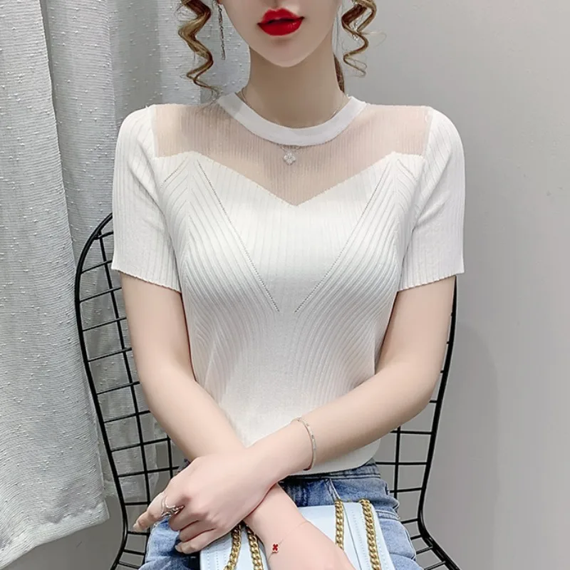 2022 Summer Women Hollow Organ Mesh O-Neck Knitted T-shirt Short Sleeve Slim Solid Color Stitching Bottoming Sweater Top