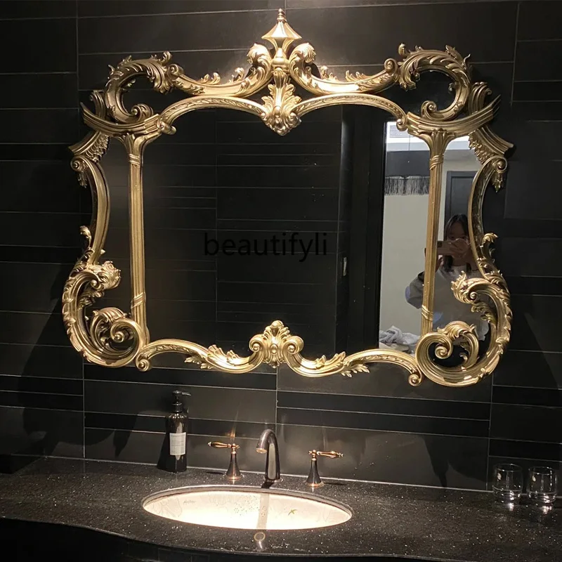 French retro carved bathroom mirror wall-mounted washstand vanity mirror special-shaped porch decorative mirror