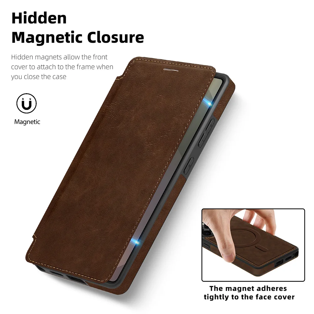 Leather Magnetic Flip Bracket Case For Samsung S25 S26 Ultra Plus S23 S24 FE A56 A57 A37 A27 A26 A55 Slot Wallet Protect Cover