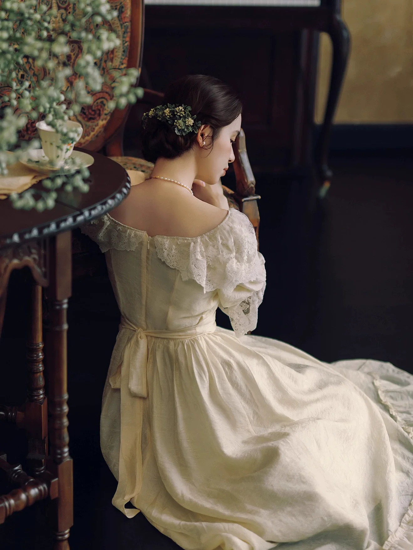 84-96cm busto Primavera Verano mujeres corte europea Vintage pintura al óleo estilo cintura delgada cómodo cuello de encaje vestidos Lyocell