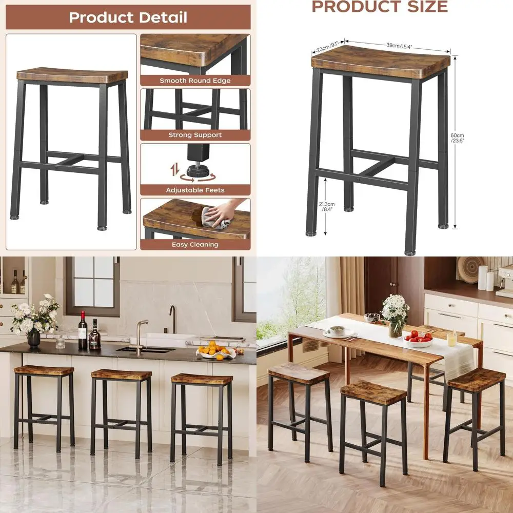 

Set of 2 Counter Height Bar Stools, 23.6 Seats with Footrests, Rustic Brown, Suitable for Kitchen or Dining Room