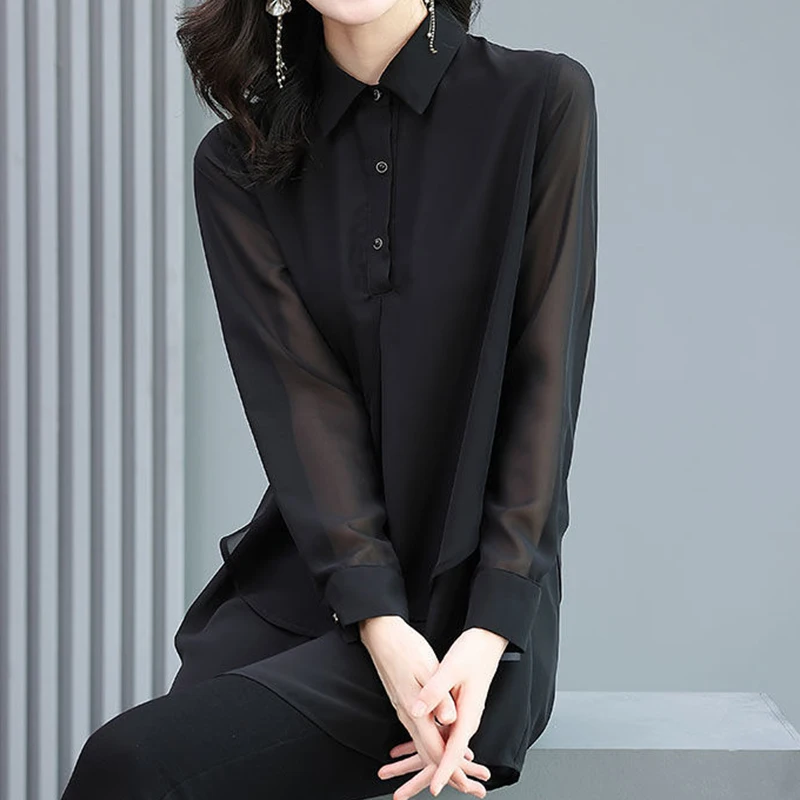 Spring Autumn Korean Style Black Elegant Fashion Double Layer Pullover Casual Chiffon Shirt Women Lapel Long Sleeve Blouse 5XL