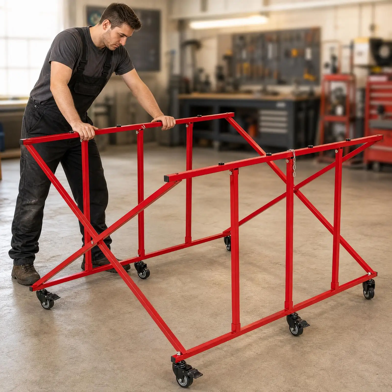 Heavy Duty Folding Cart for Truck Bed Support with Metal Tubular Frame and Tie Down Strap for Workshop Use