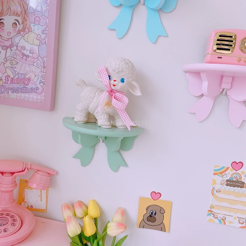 Kawaii pink bow wall storage rack girl bedroom decoration wall-mounted rack free punch wall shelves