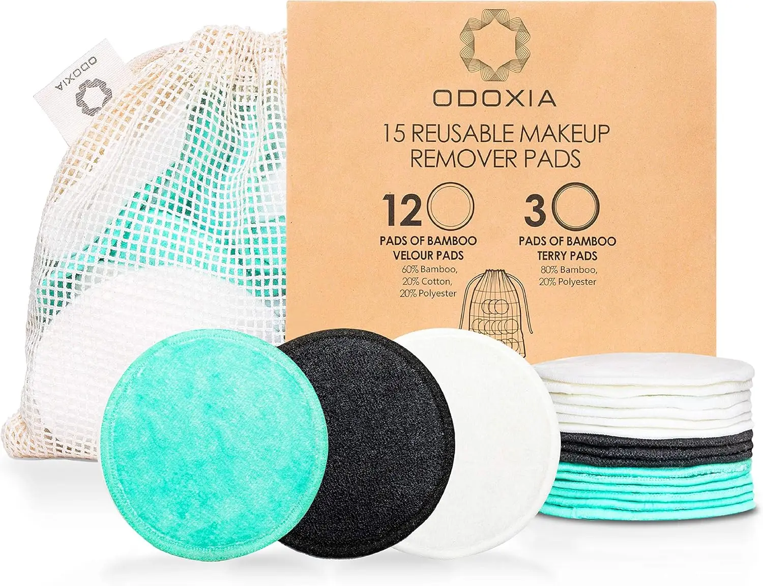 

Reusable Organic Makeup Remover Pads Eco Soft Bamboo Facial Cleansing Wipes with Laundry Bag Zero Waste 15 Count