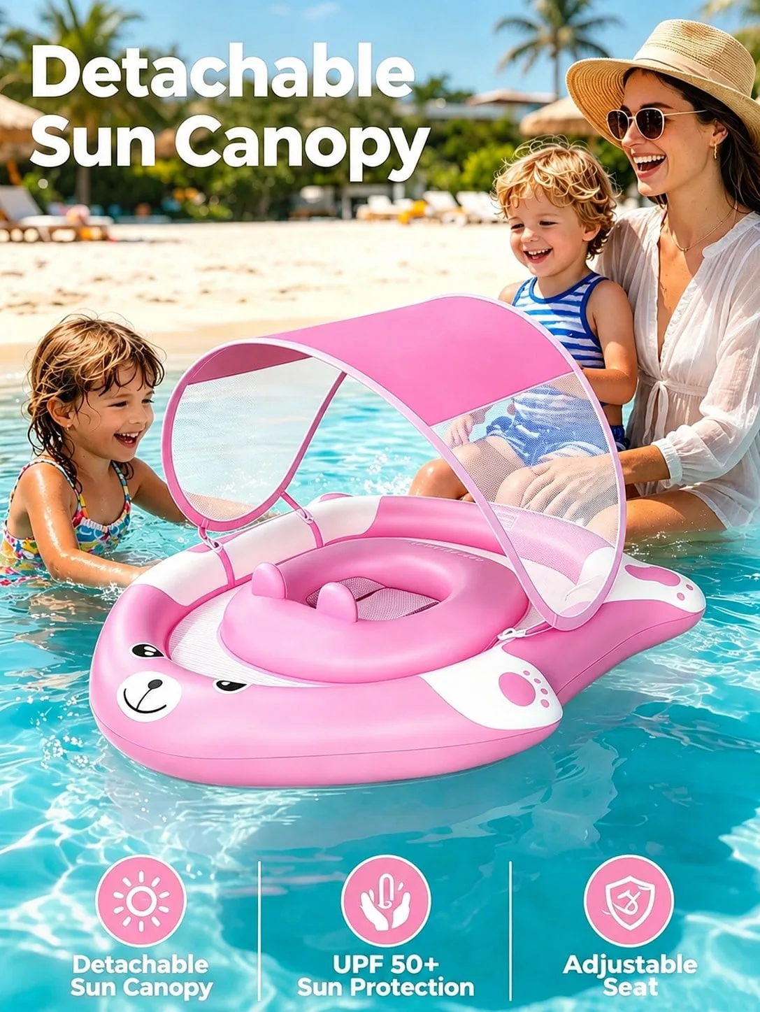 Baby Pool Float With Removable Canopy, Inflatable Infant Swim Ring Toy With UPF50+ Sun Protection, Cute Bear Toddler Water Float