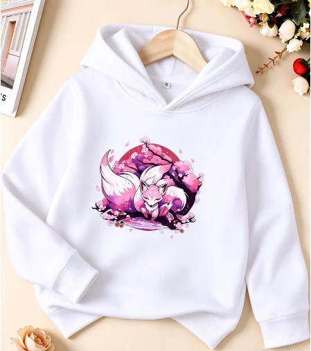 Children's Cherry Blossom Fox Print Hooded Sweater, Comfortable and Casual, Soft and Loose Spring and Autumn Models