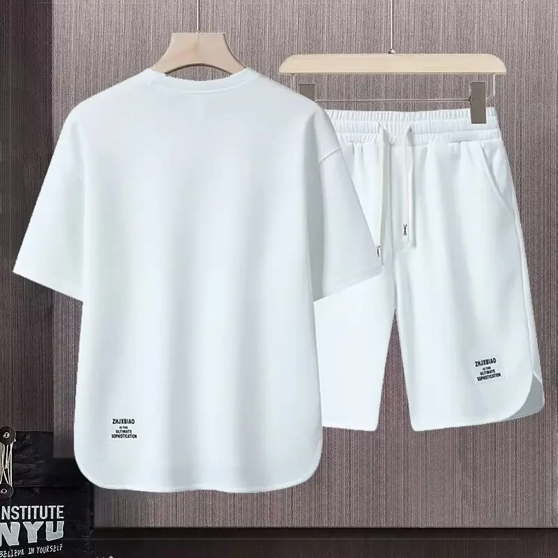 Summer Short-sleeved T-shirt Loose Drawstring Casual Suit Solid Color Men\'s T-shirt Drawstring Shorts Lazy Trend